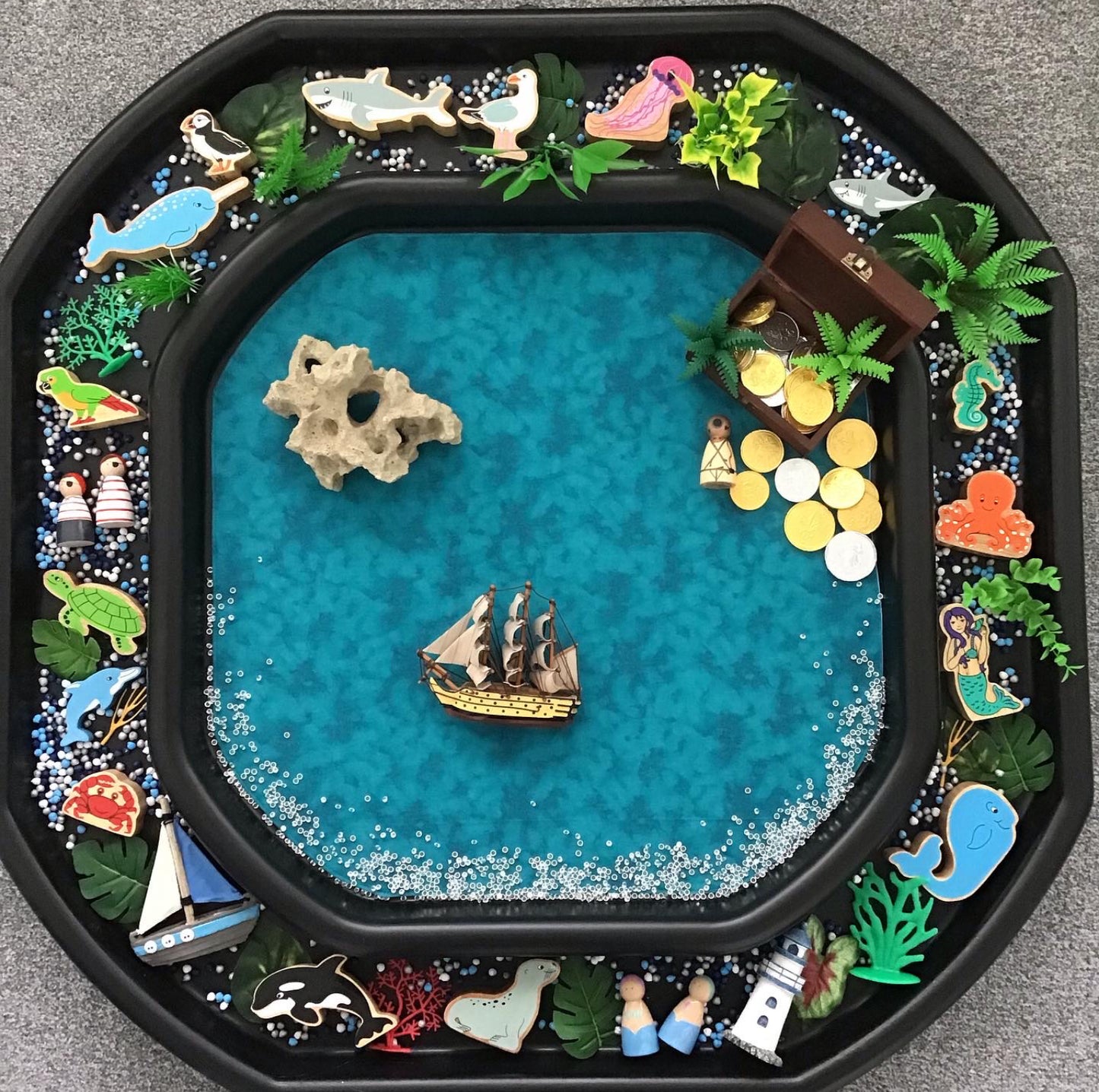 Tuff Tray Play Mat - IN STOCK - Black & Grey with a Jade Reverse