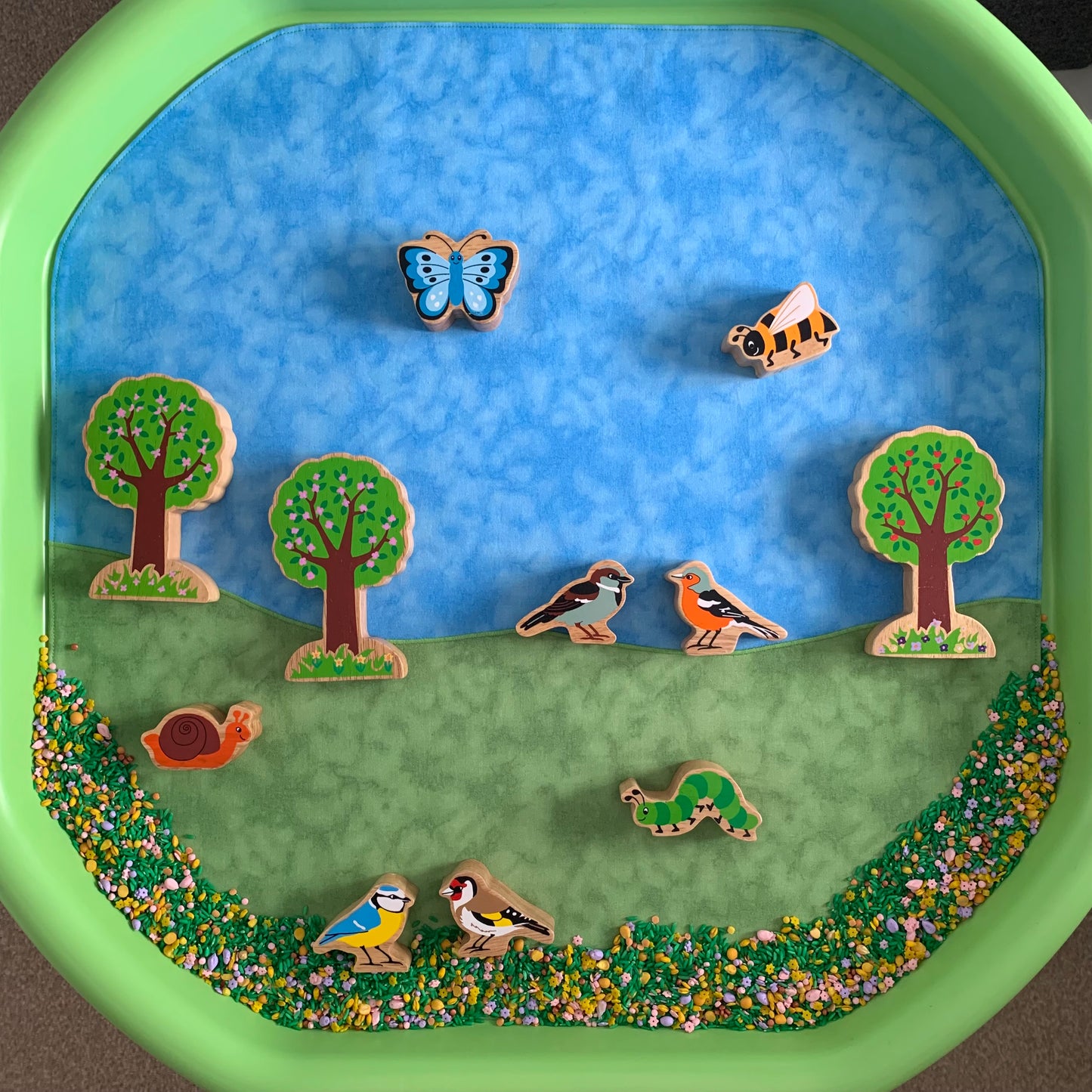 Tuff Tray Play Mat - MADE TO ORDER - Mid Blue & Light Green with Light Green Reverse